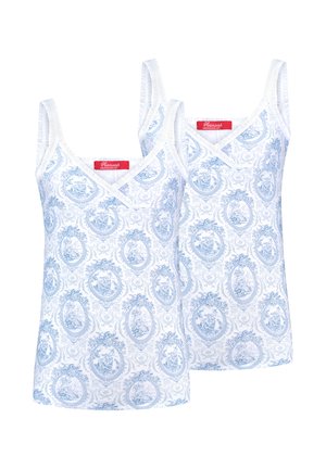 Two sleeveless tops with a blue floral pattern on a white background. V-neck design with narrow straps and a smooth texture. Red label visible.