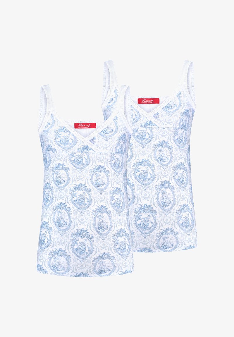 Two sleeveless tops with a blue floral pattern on a white background. V-neck design with narrow straps and a smooth texture. Red label visible.