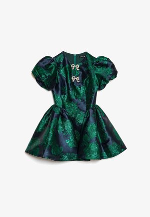 Zaļā satīna kleita ar ziedu rakstu, ar pūkainām īsām piedurknēm, piegulošu korpusu un izplestu svārku ar rāvējslēdzēju aizmugurē. Sudraba lentīšu akcenti.