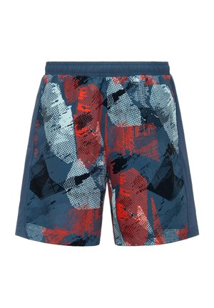 Pantaloncini sportivi da uomo con fascia elastica in vita, con un motivo geometrico astratto blu, rosso, nero e grigio chiaro.