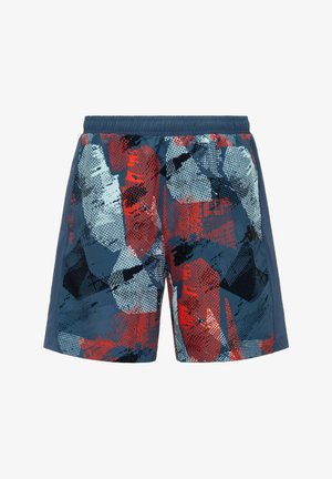 Pantaloncini sportivi da uomo con fascia elastica in vita, con un motivo geometrico astratto blu, rosso, nero e grigio chiaro.