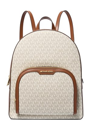 Sac à dos beige et marron Michael Kors avec motif répété du logo MK, poche avant zippée et bretelles réglables.
