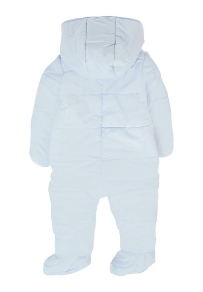 Tutina invernale azzurra chiara imbottita per bambini, con cappuccio, maniche lunghe e copri-piedi incorporati, vista di spalle.