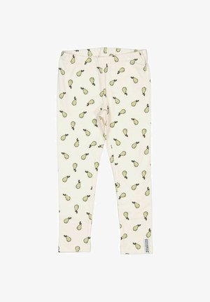 Børneleggings i cremefarve med et gult pæreprint over det hele og elastisk talje, lille hvid mærke ved anklen.