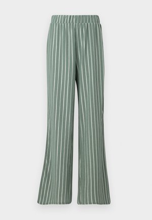 Svetlozeleni hlače iz rebraste tkanine z belimi navpičnimi črtami. Imajo elastičen pas in širok kroj.