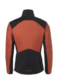 Herenjas met een zwart en roestoranje kleurblok ontwerp, gequilt textuur, hoge kraag en Vaude branding op de lagere zoom.