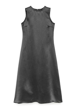 Sleeveless black satin midi dress with round neckline and slight A-line silhouette, laid flat on white background.