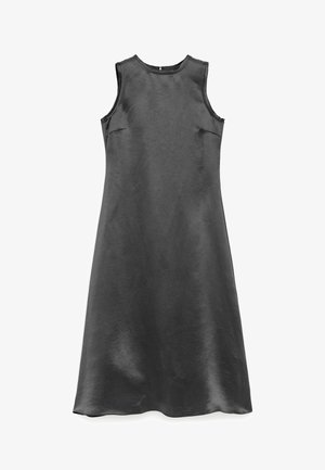 Sleeveless black satin midi dress with round neckline and slight A-line silhouette, laid flat on white background.