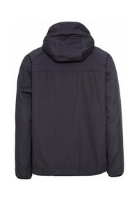 Mørkeblå jakke med hætte, glat tekstur, elastiske manchetter og et enkelt design. Bagsiden har en ren finish uden udsmykninger.