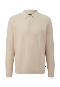Beige Langarm-Polo-Pullover mit strukturierter Oberfläche, Dreiknopf-Leiste und gerippten Bündchen und Saum. Aus weichem Strickmaterial hergestellt.
