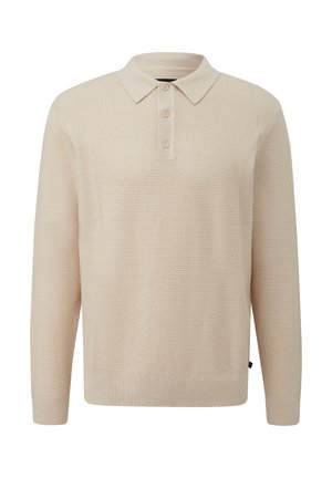 Beige long-sleeve polo sweater with a textured finish, three-button placket, and ribbed cuffs and hem. Made of soft knit material.