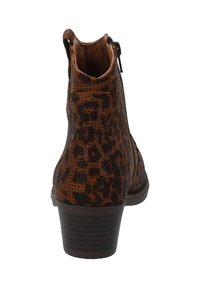 Brown ankle boot with black leopard print texture, side zipper, pull tab, and stacked low heel, viewed from the back.