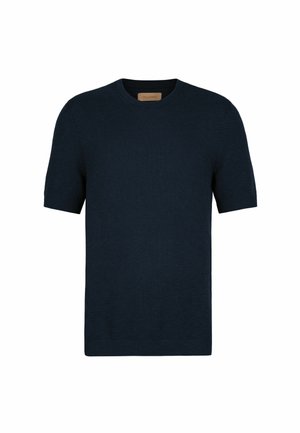 Marineblauer Kurzarm-Strickpullover mit Rundhalsausschnitt und strukturiertem Muster, innen im Kragen mit dem Label "Falconeri".