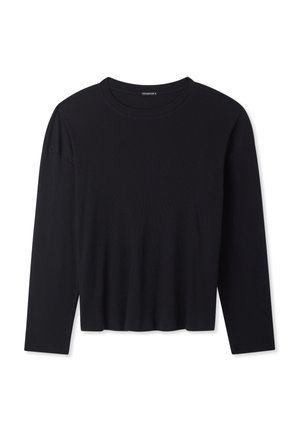 Top nero a maniche lunghe realizzato in morbido tessuto a coste. Presenta un collo rotondo e una vestibilità rilassata e cropped. Design semplice e versatile.