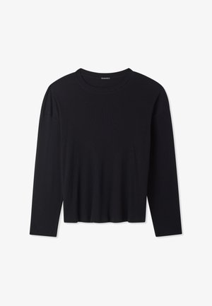 Top nero a maniche lunghe realizzato in morbido tessuto a coste. Presenta un collo rotondo e una vestibilità rilassata e cropped. Design semplice e versatile.