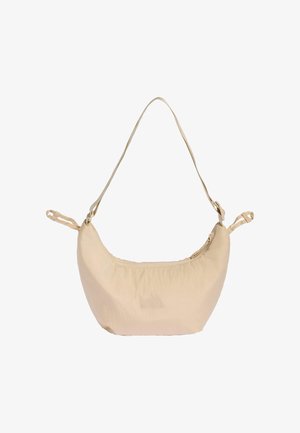Beige schoudertas in halve maanvorm met verstelbare riem en ritssluiting, gemaakt van lichtgewicht stof.