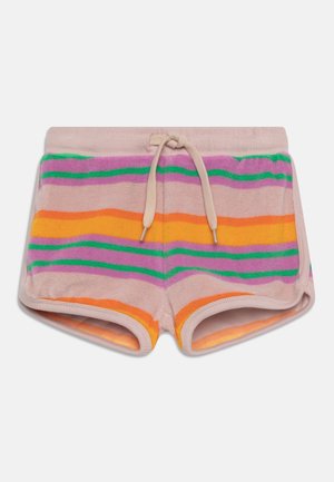 Short en éponge pour enfants avec ceinture beige et cordon, avec des rayures horizontales vertes, violettes, oranges et roses.