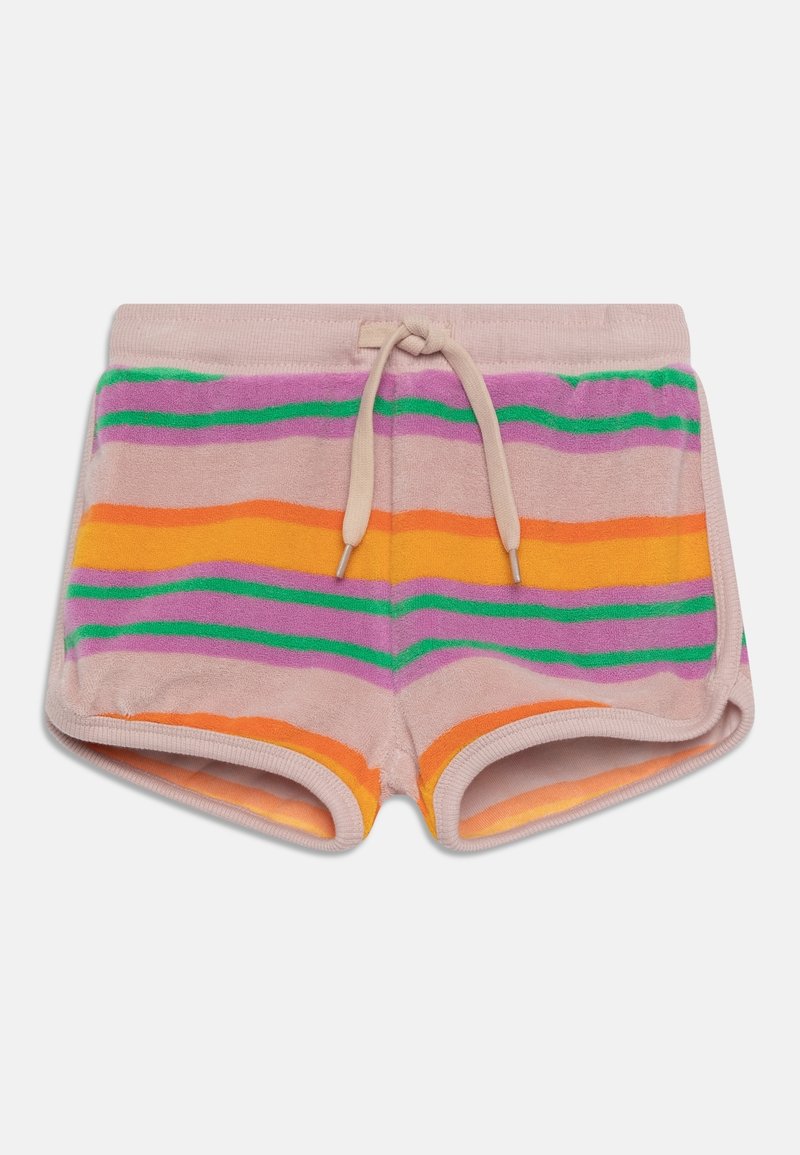 Short en éponge pour enfants avec ceinture beige et cordon, avec des rayures horizontales vertes, violettes, oranges et roses.