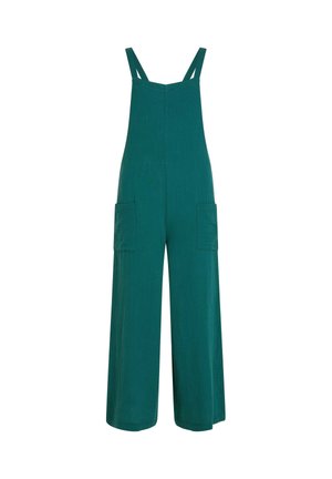 Salopette en lin bleu sarcelle avec jambes larges, bretelles réglables et deux poches plaquées frontales à finition texturée.