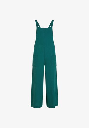 Tirkizno plave lanene kombinezonske hlače s širokim nogavicama, podesivim naramenicama i dva prednja džepa s teksturiranim završetkom.