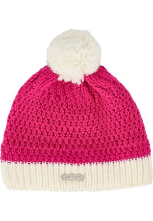 Strikket beanie med en gradient af pink nuancer, dekoreret med en stor hvid pom-pom og en ribbet hvid kant, der har et lille metalmærke.