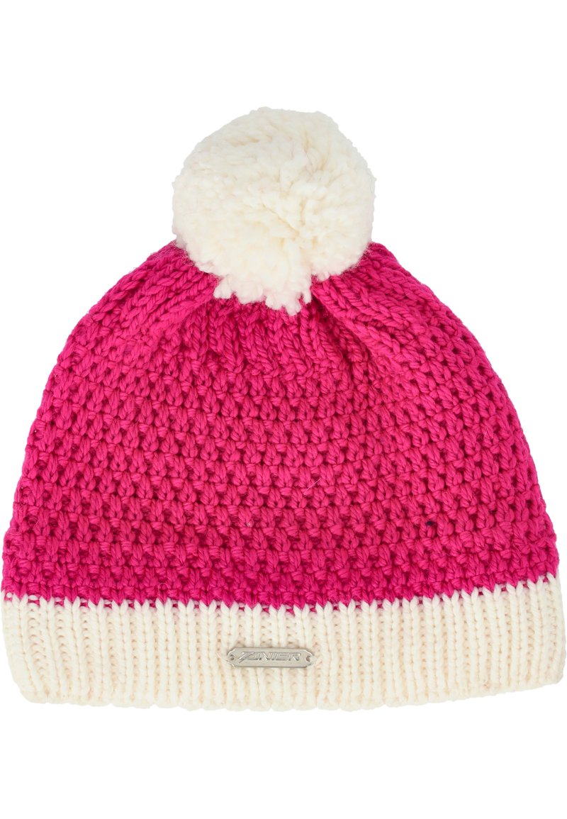 Stickad mössa med en gradient av rosa nyanser, prydd med en stor vit pom-pom och en ribbad vit mudd med en liten metalltagg.