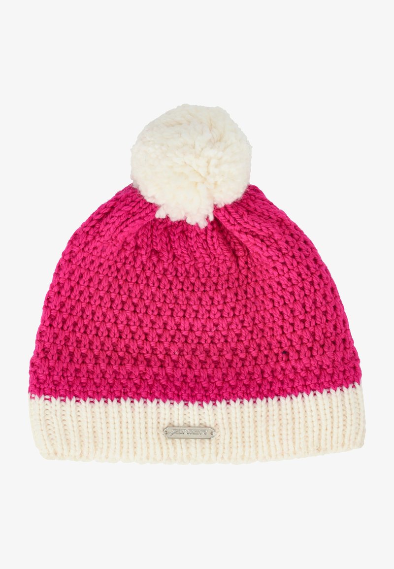 Stickad mössa med en gradient av rosa nyanser, prydd med en stor vit pom-pom och en ribbad vit mudd med en liten metalltagg.