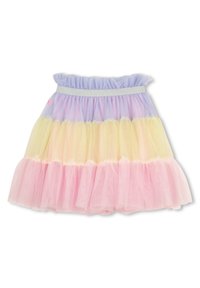 Φούστα από στρωμένο τούλι με βολάν στη μέση, σε παστέλ αποχρώσεις: ανοιχτό μοβ, κίτρινο και ροζ. Ελαφριά και αέρινη υφή.