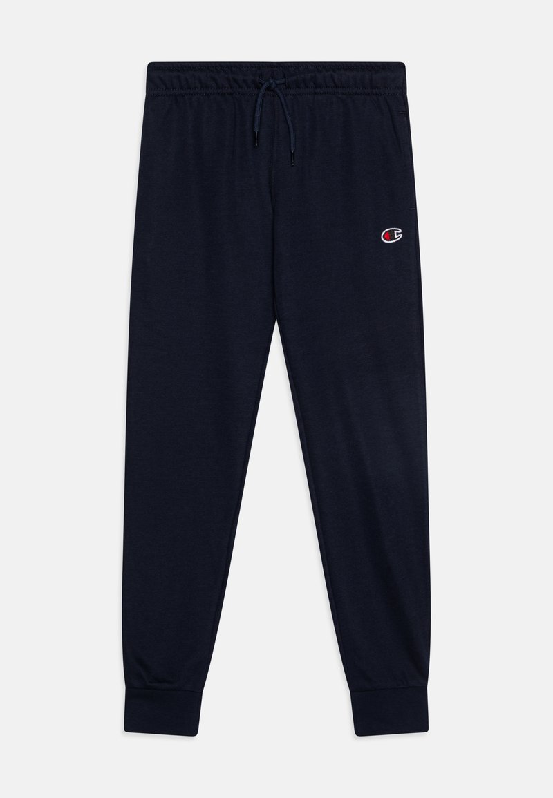 Pantalones de chándal de color navy, hechos de una tela suave, con una cintura elástica y cordones ajustables, y puños de canalé. Incluye un pequeño detalle de logo.