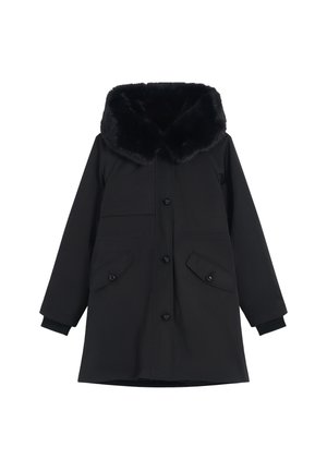 Parka nera con un ampio colletto in pelliccia sintetica, chiusura con bottoni, due tasche frontali e polsini a coste. Finitura opaca e liscia.