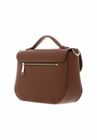 Borsa a tracolla in pelle marrone con una forma strutturata, dotata di manico superiore, tasca frontale con zip e dettagli in metallo dorato.