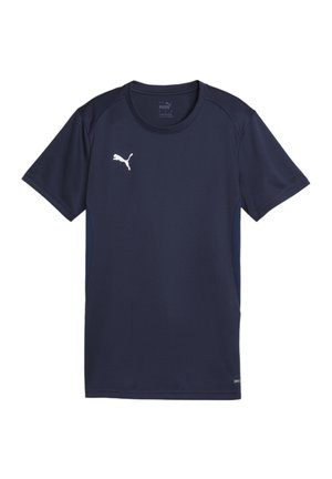 Marineblauwe sport T-shirt gemaakt van ademend stof, met korte mouwen en een ronde halslijn, voorzien van een wit Puma-logo op de borst.