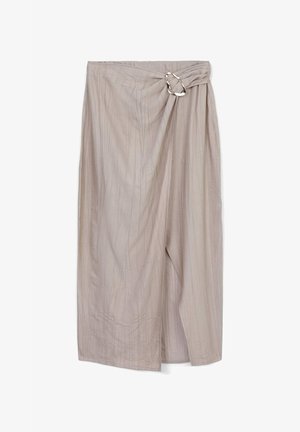 Beige wrap skirt with a textured finish, featuring a silver circular buckle detail at the waist and vertical pinstripes throughout.