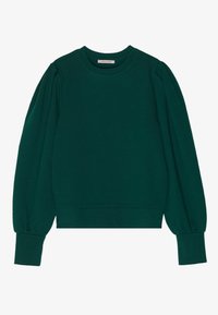 Suéter verde de punto fabricado en tela suave. Presenta un escote redondo, mangas largas abullonadas y puños ajustados con textura acanalada.