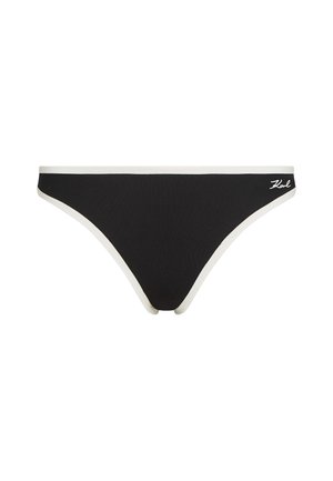 Biancheria intima stile bikini nera con bordi bianchi e un piccolo logo bianco "Karl" sul lato destro della fascia in vita.
