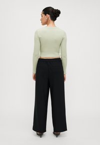 Light green, long-sleeve cropped top paired with high-waisted, loose-fitting black trousers. Both garments feature a smooth texture.
