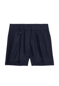 Granatowe lniane szorty z pojedynczym zapięciem na guzik, plisowanym przodem i bocznymi kieszeniami, charakteryzujące się gładką fakturą i dopasowanym krojem.