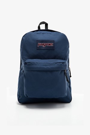 Blauer Jansport-Rucksack mit einer vorderen Reißverschlusstasche, dickem Stoff, gepolsterter Rückseite und schwarzen Akzenten. Verfügt über ein Logopatch auf der Vorderseite.