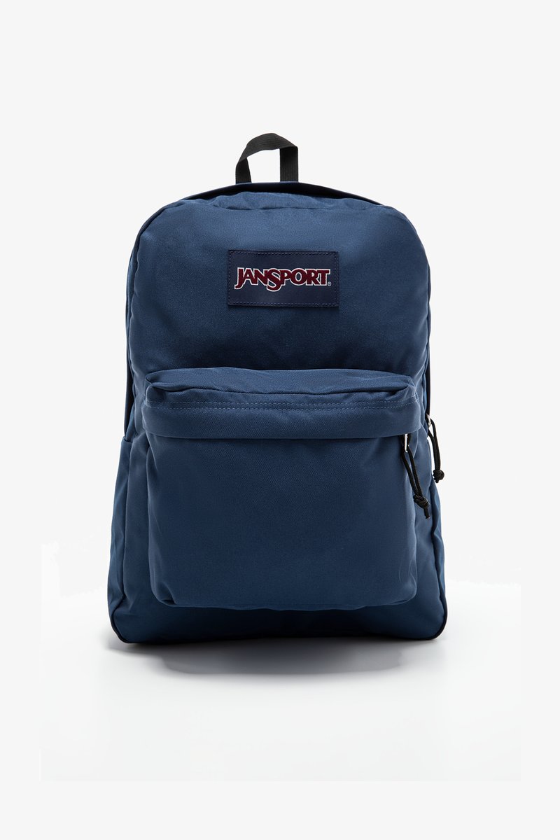Μπλε σακίδιο Jansport με μπροστινή τσέπη με φερμουάρ, χοντρό ύφασμα, μαξιλαρωμένη πλάτη και μαύρες μεταλλικές λεπτομέρειες. Διαθέτει λογότυπο-πατς μπροστά.