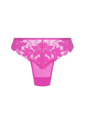Lace string in fel roze met bloemmotief; elastische tailleband; transparante mesh stof; getande randen. Zachte stof met een gladde afwerking.
