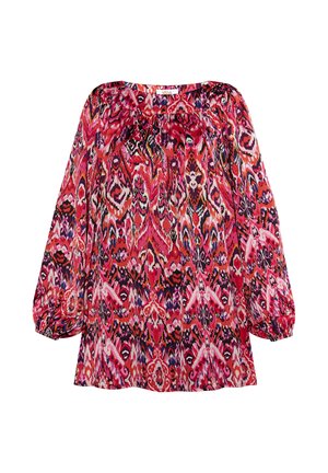 Rode en roze gebloemde blouse met een losse pasvorm, geplooide halslijn en lange ballonmouwen. Heeft een abstract, multikleurig ontwerp.