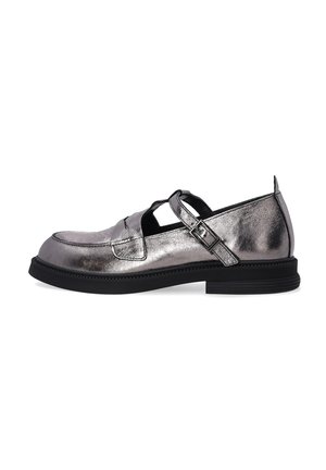 Metallic grey slip-on shoe with a low black sole, featuring a cutout design and an adjustable strap with buckle on the side. Smooth texture.