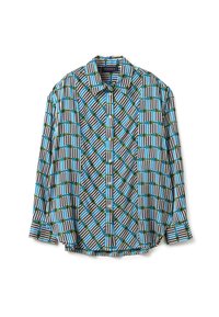 Langärmliges Button-down-Hemd mit einem geometrischen Streifen- und Karomuster in Blau, Grün, Schwarz und Weiß, mit Kragenkragen.