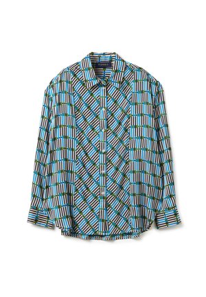 Camicia a maniche lunghe con bottone, caratterizzata da un motivo geometrico a righe e a quadri nei colori blu, verde, nero e bianco, con colletto.