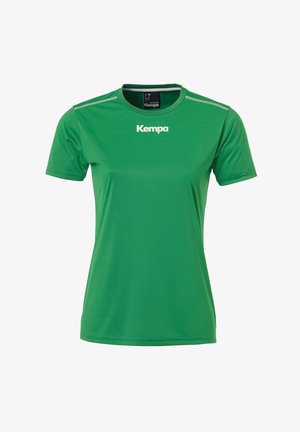 Groen atletisch T-shirt van glad, lichtgewicht stof met een ronde halslijn en korte mouwen. Aan de voorkant staat het "Kempa"-logo in het wit.