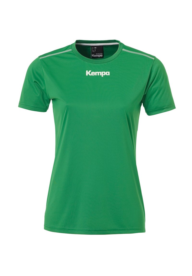 Grøn atletisk t-shirt lavet af glat, let stof med rund halsudskæring og korte ærmer. Fronten viser "Kempa" logoet i hvid.
