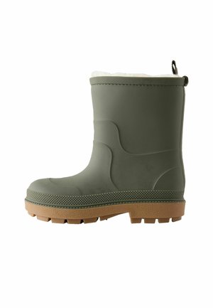 Lyhyt vihreä kumisaapas, jossa on beige pohja ja fleecvuori, suunniteltu kylmiin ja kosteisiin sääolosuhteisiin.