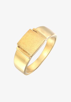 Goldring mit einer rechteckigen, gebürsteten Goldmitte, glattem Band und polierter Oberfläche. Einfaches Design mit kräftigen Akzenten.