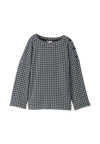 Maglietta a maniche lunghe con pattern a quadretti blu navy e bianchi, realizzata in un tessuto morbido. Presenta un ampio scollo e bottoni decorativi sulle spalle.