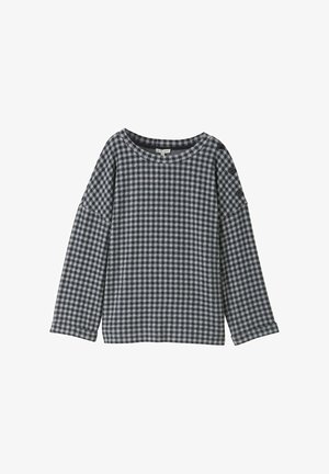 Long-sleeve top in navy and white checkered pattern, made from a soft fabric. Features a wide neckline and button accents on the shoulders.